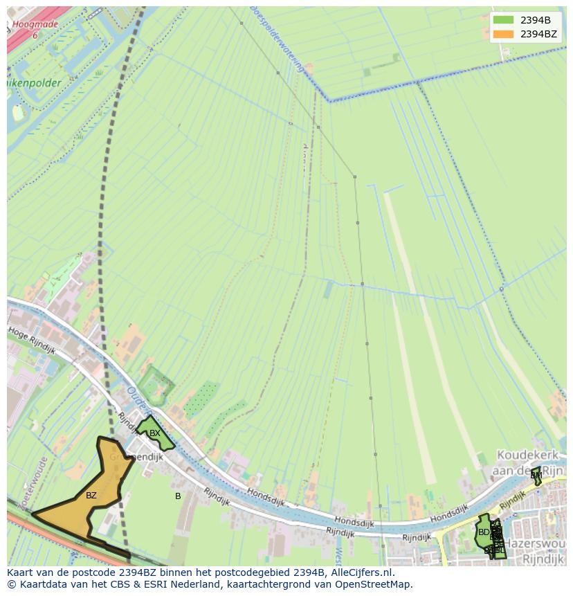 Afbeelding van het postcodegebied 2394 BZ op de kaart.