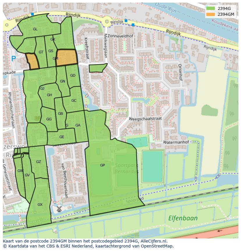 Afbeelding van het postcodegebied 2394 GM op de kaart.