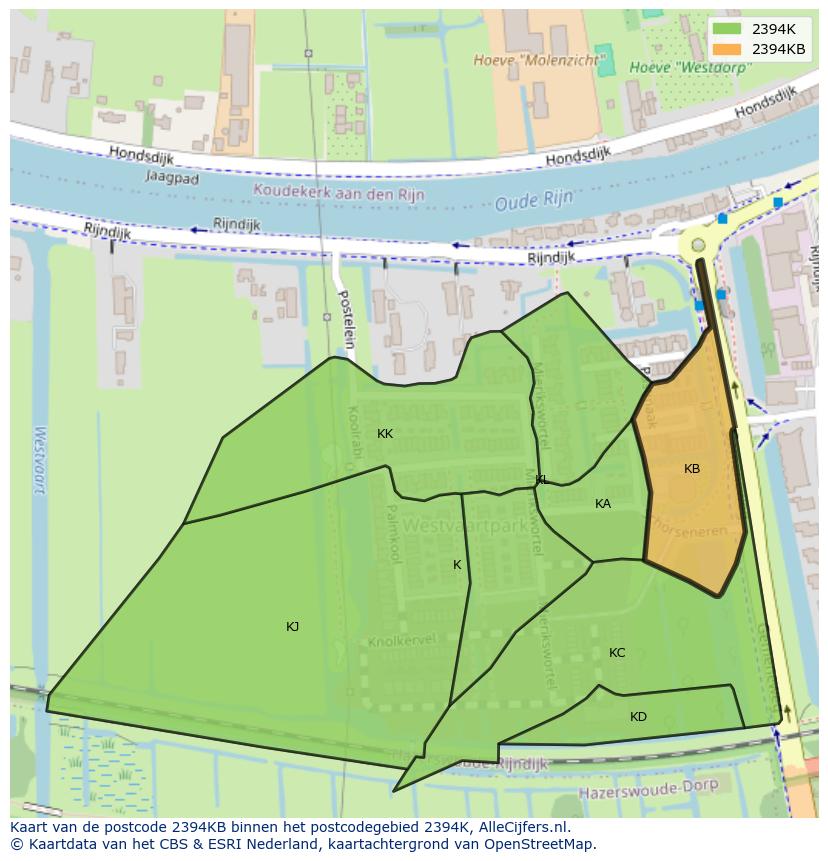 Afbeelding van het postcodegebied 2394 KB op de kaart.