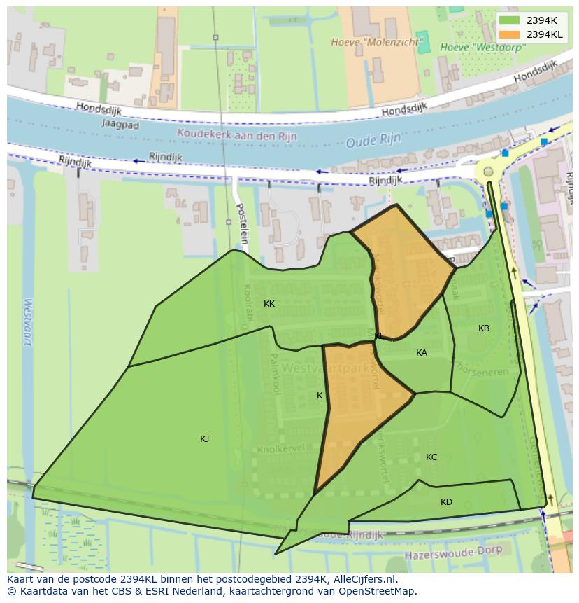 Afbeelding van het postcodegebied 2394 KL op de kaart.