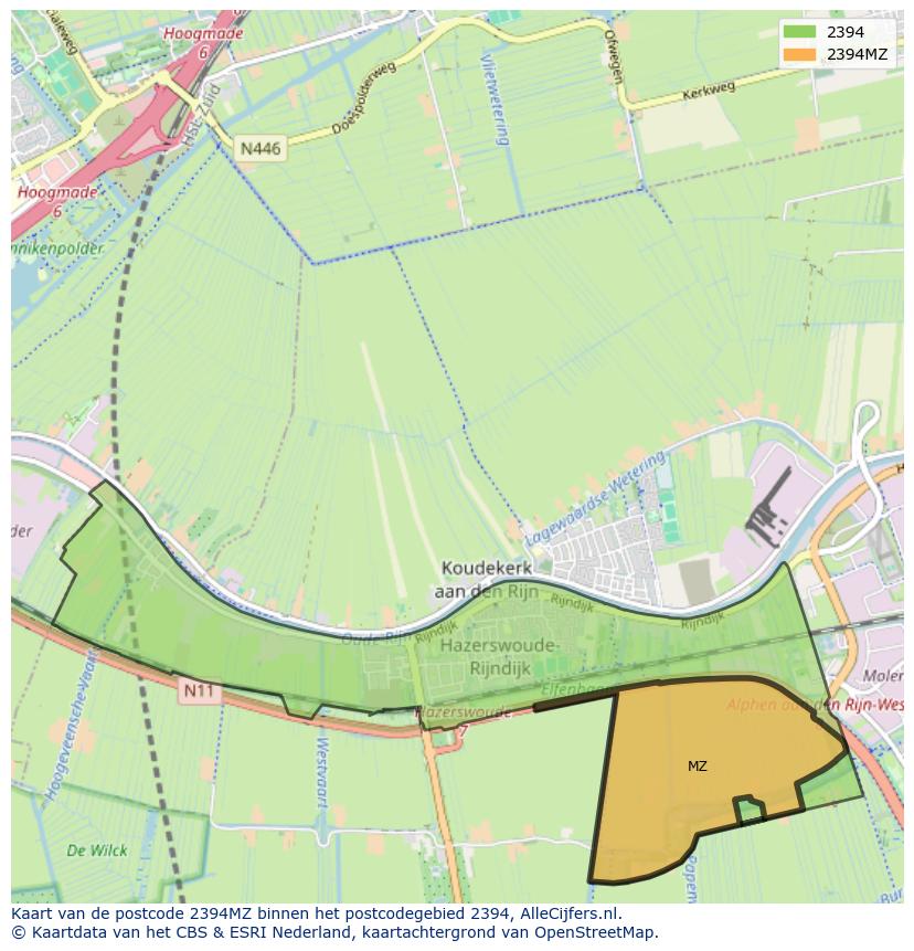 Afbeelding van het postcodegebied 2394 MZ op de kaart.