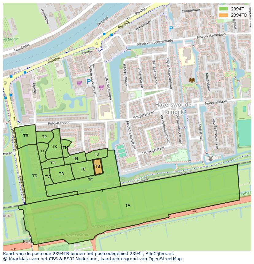 Afbeelding van het postcodegebied 2394 TB op de kaart.