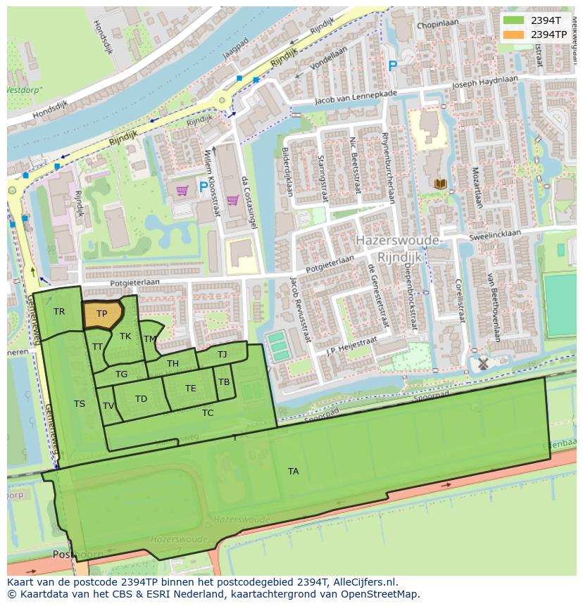 Afbeelding van het postcodegebied 2394 TP op de kaart.