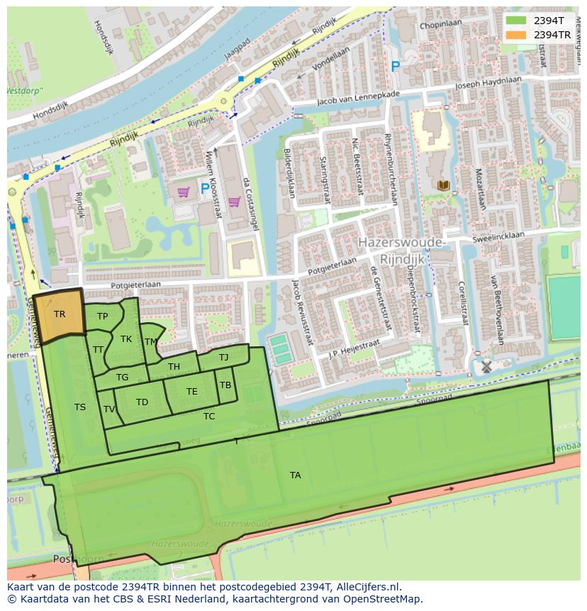 Afbeelding van het postcodegebied 2394 TR op de kaart.