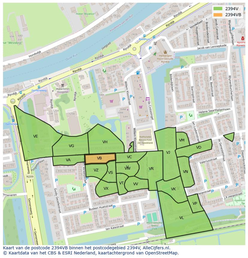 Afbeelding van het postcodegebied 2394 VB op de kaart.