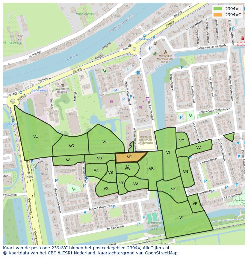 Afbeelding van het postcodegebied 2394 VC op de kaart.