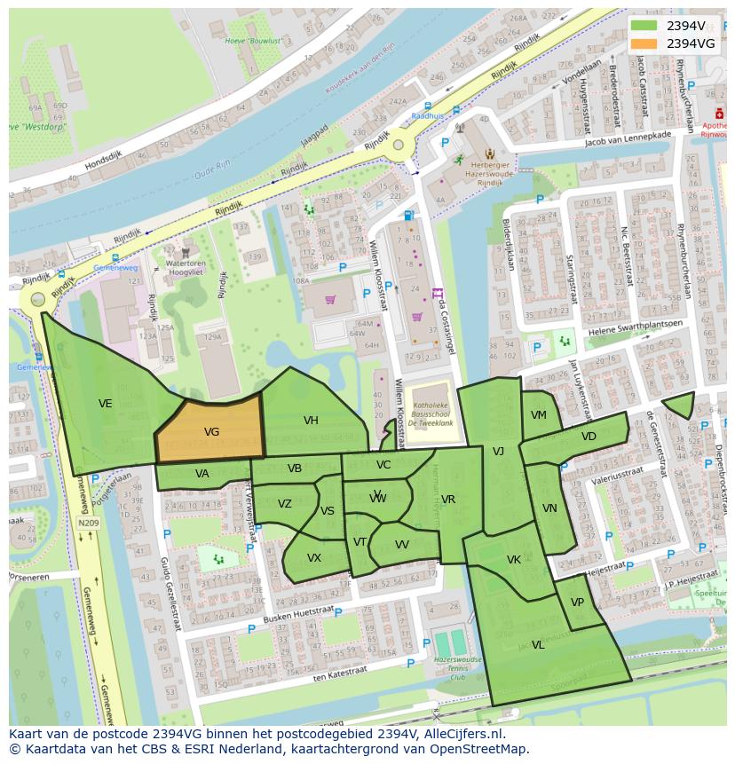 Afbeelding van het postcodegebied 2394 VG op de kaart.