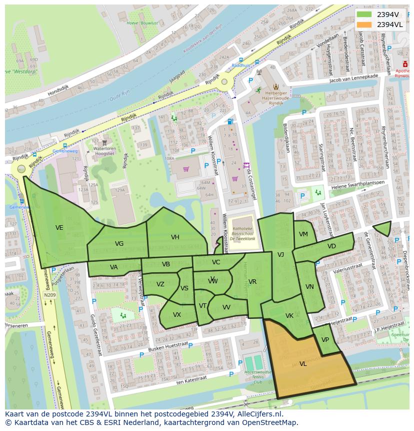 Afbeelding van het postcodegebied 2394 VL op de kaart.