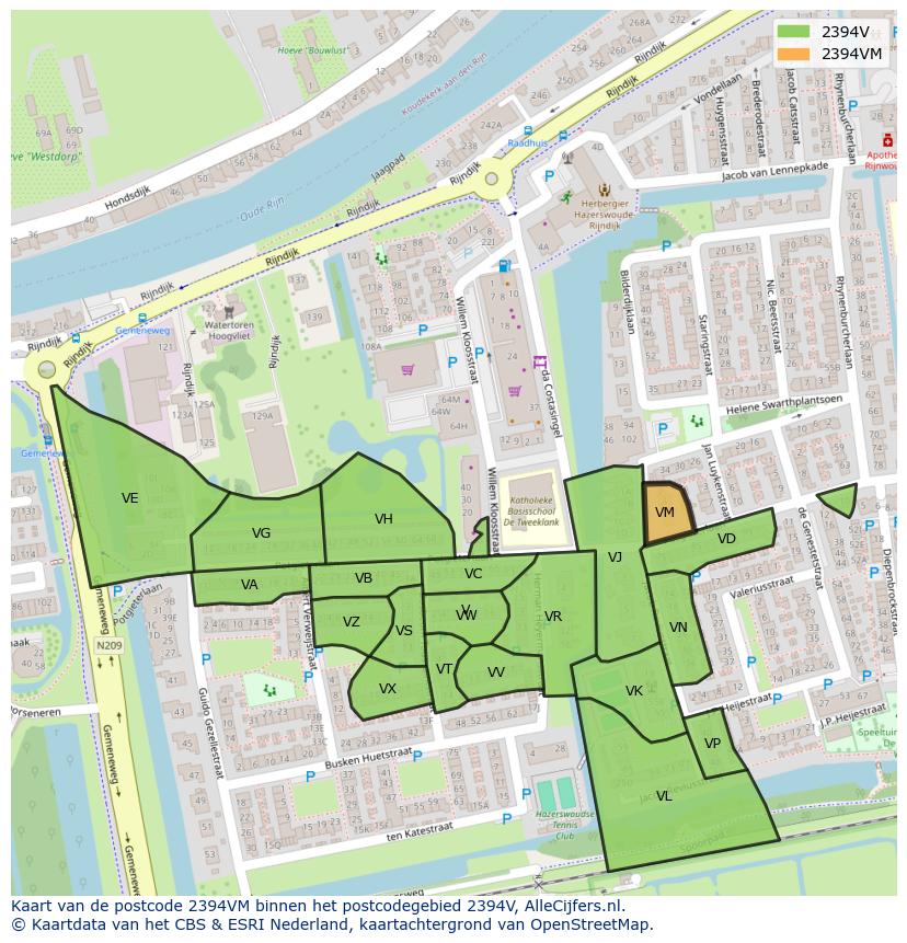 Afbeelding van het postcodegebied 2394 VM op de kaart.