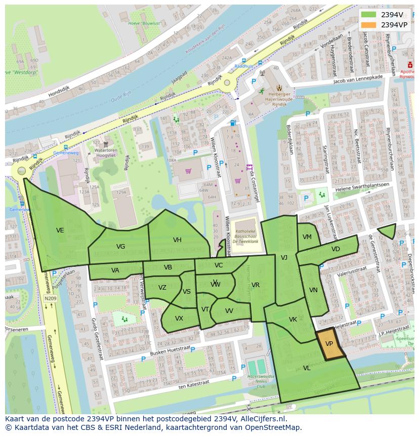 Afbeelding van het postcodegebied 2394 VP op de kaart.