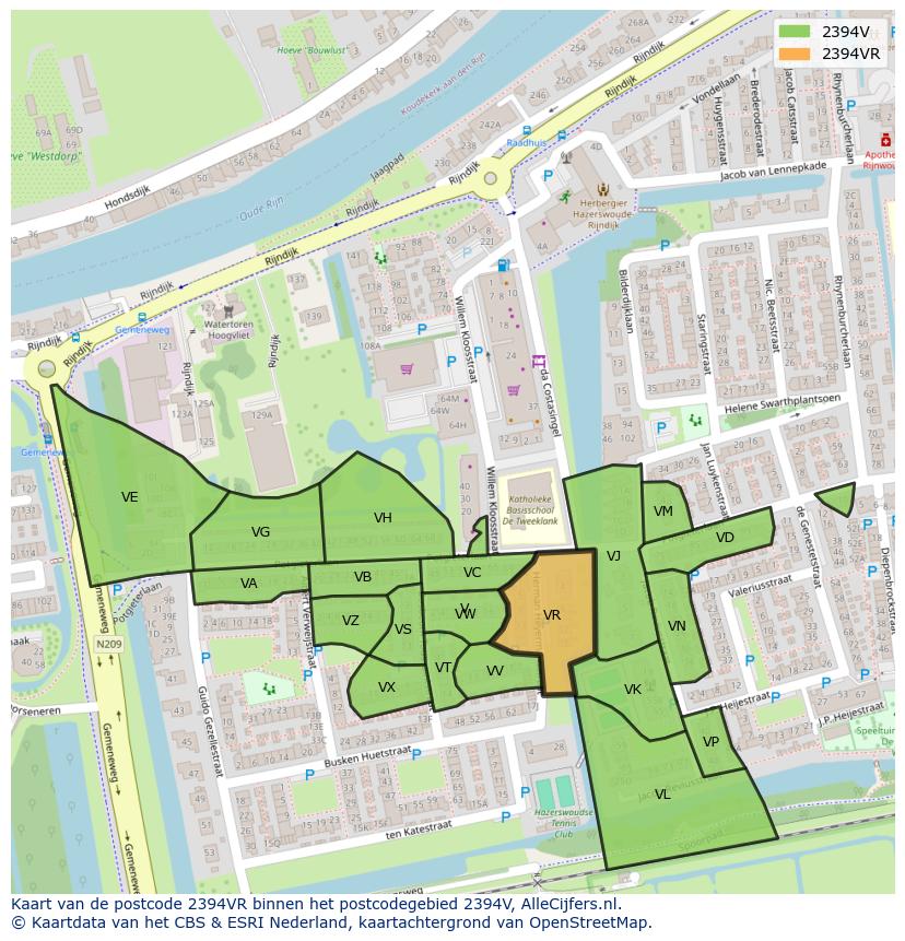 Afbeelding van het postcodegebied 2394 VR op de kaart.