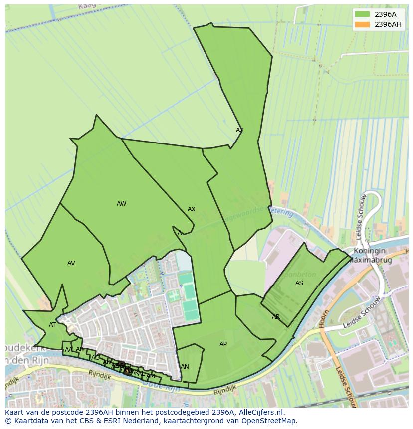 Afbeelding van het postcodegebied 2396 AH op de kaart.