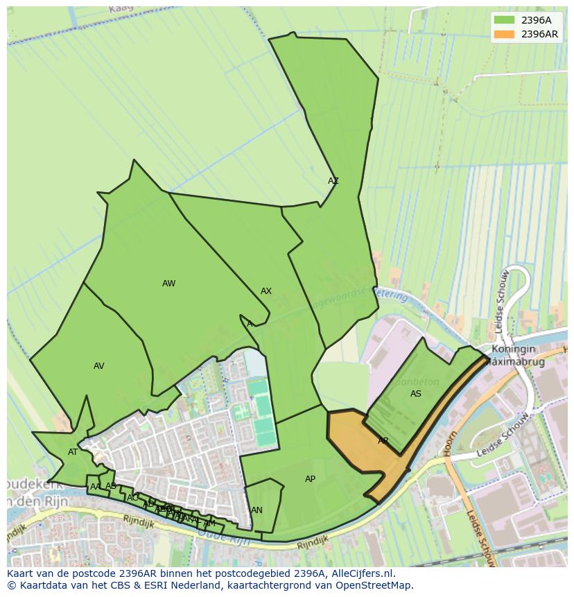 Afbeelding van het postcodegebied 2396 AR op de kaart.