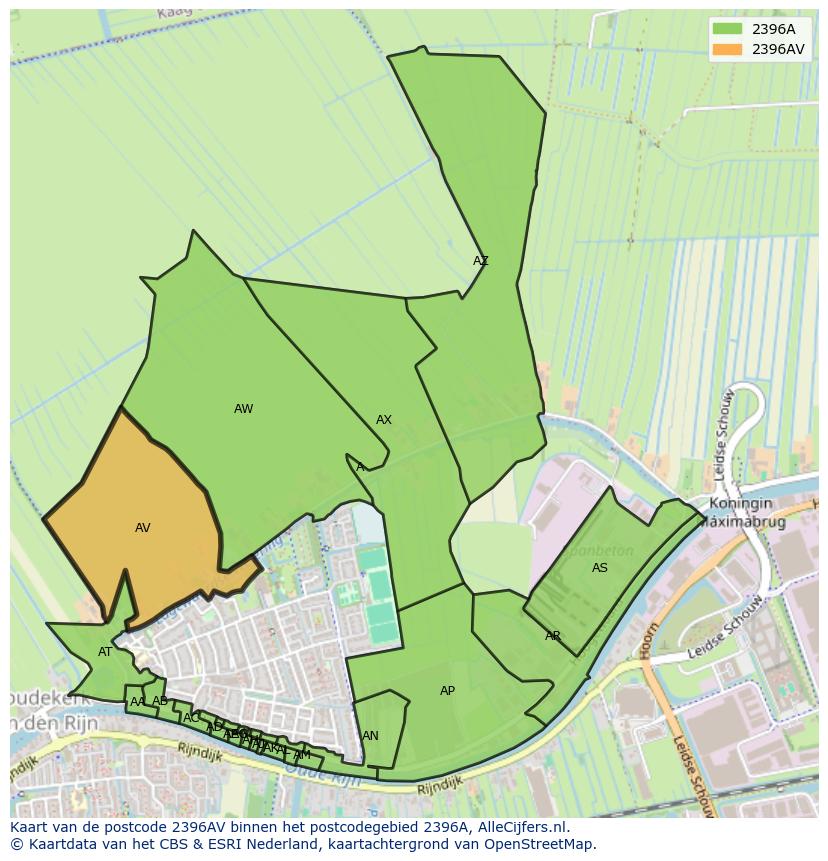 Afbeelding van het postcodegebied 2396 AV op de kaart.