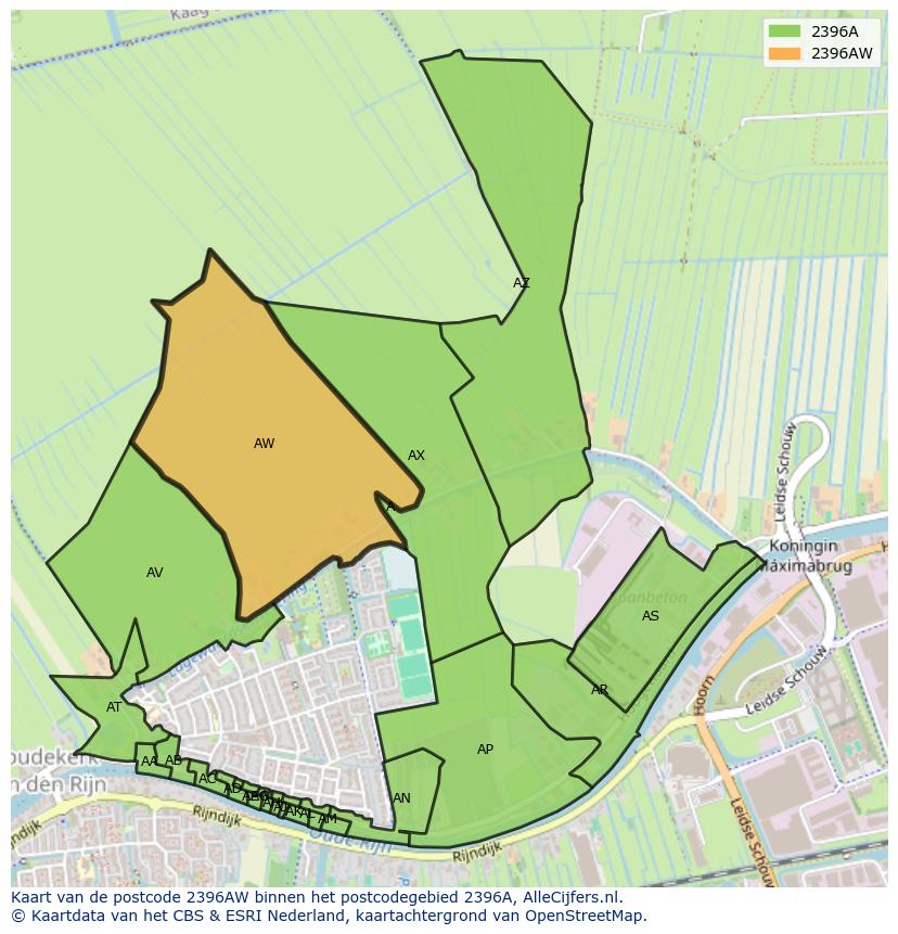 Afbeelding van het postcodegebied 2396 AW op de kaart.