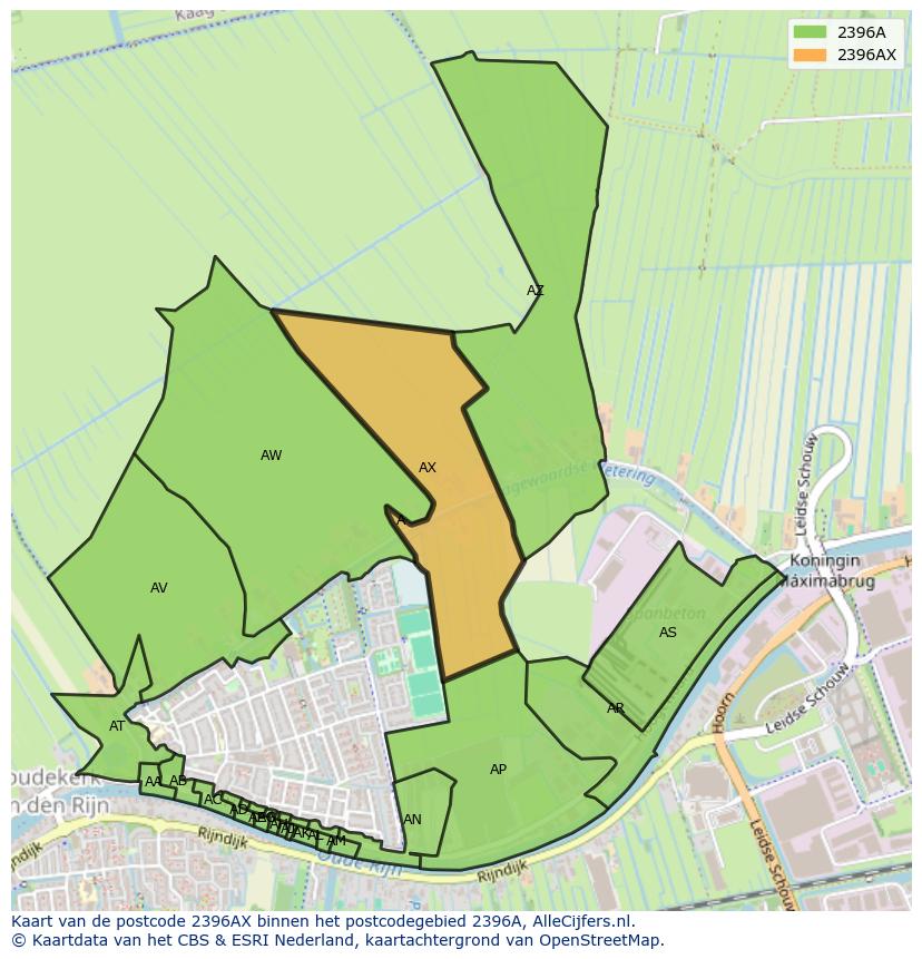 Afbeelding van het postcodegebied 2396 AX op de kaart.