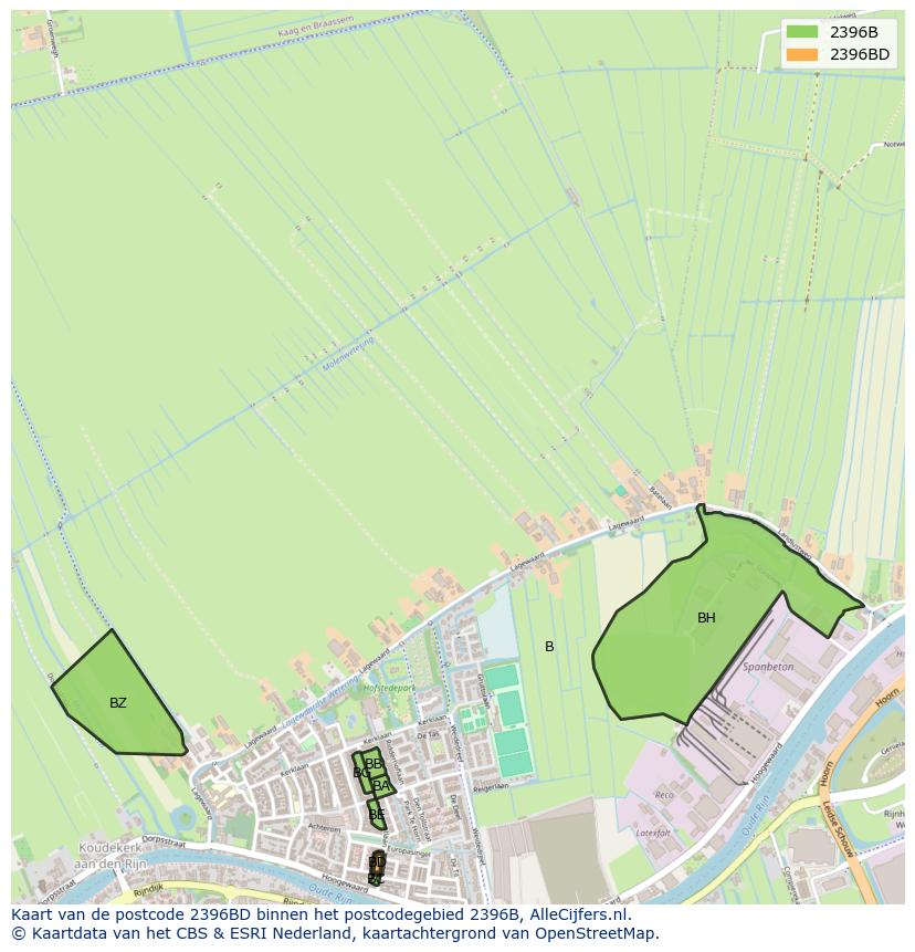 Afbeelding van het postcodegebied 2396 BD op de kaart.