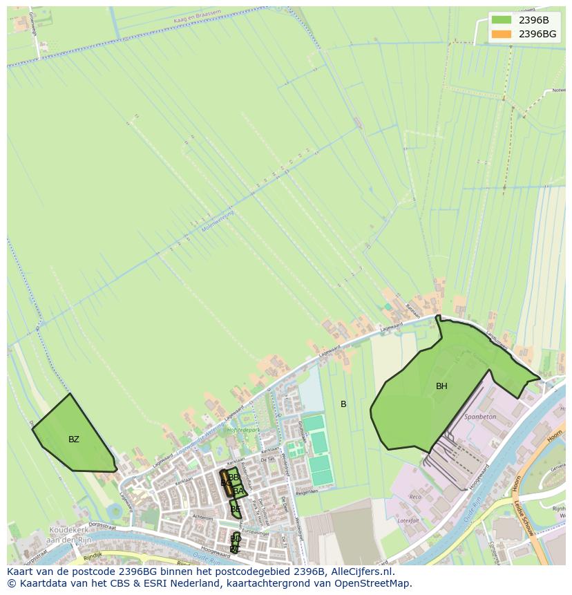 Afbeelding van het postcodegebied 2396 BG op de kaart.