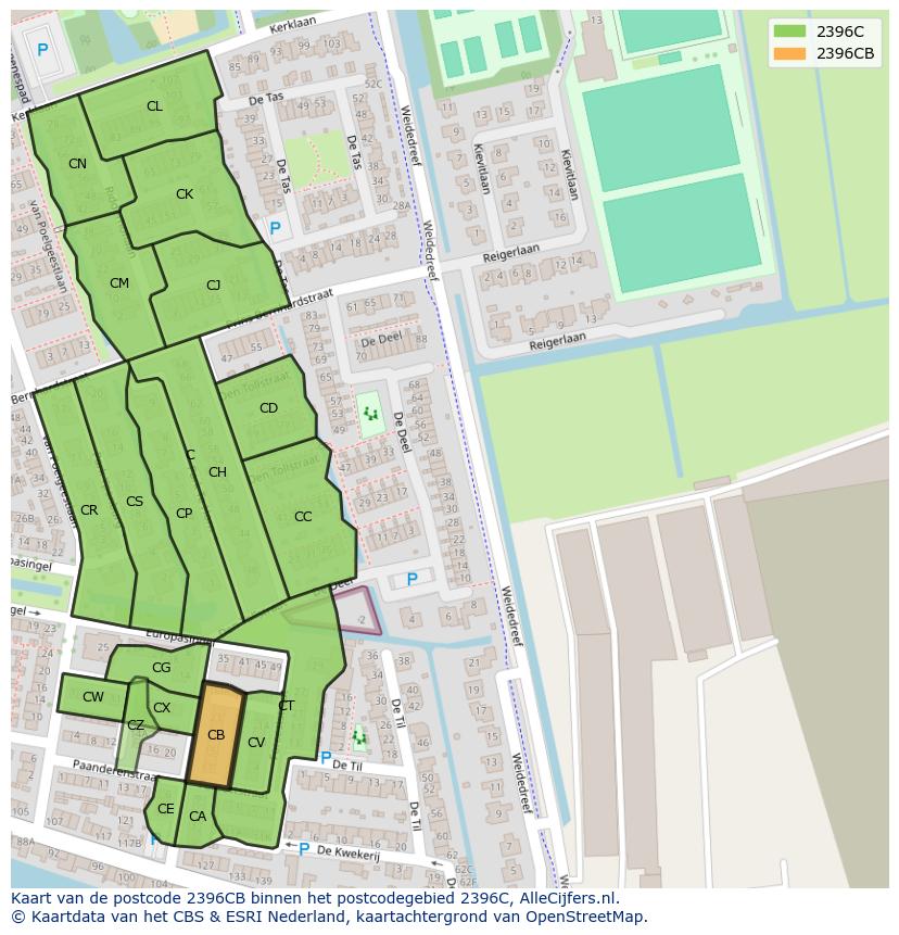 Afbeelding van het postcodegebied 2396 CB op de kaart.