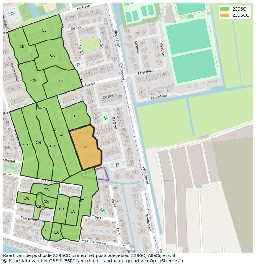 Afbeelding van het postcodegebied 2396 CC op de kaart.