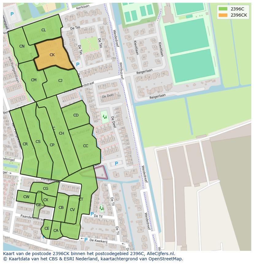 Afbeelding van het postcodegebied 2396 CK op de kaart.