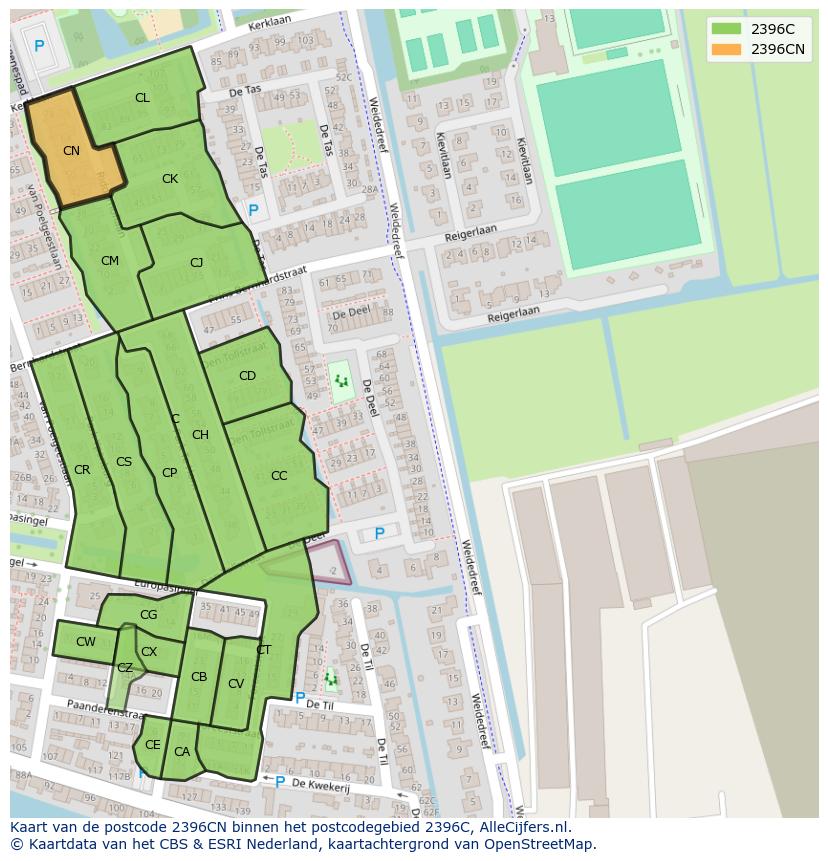 Afbeelding van het postcodegebied 2396 CN op de kaart.