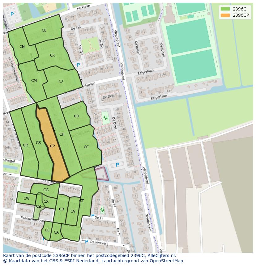 Afbeelding van het postcodegebied 2396 CP op de kaart.