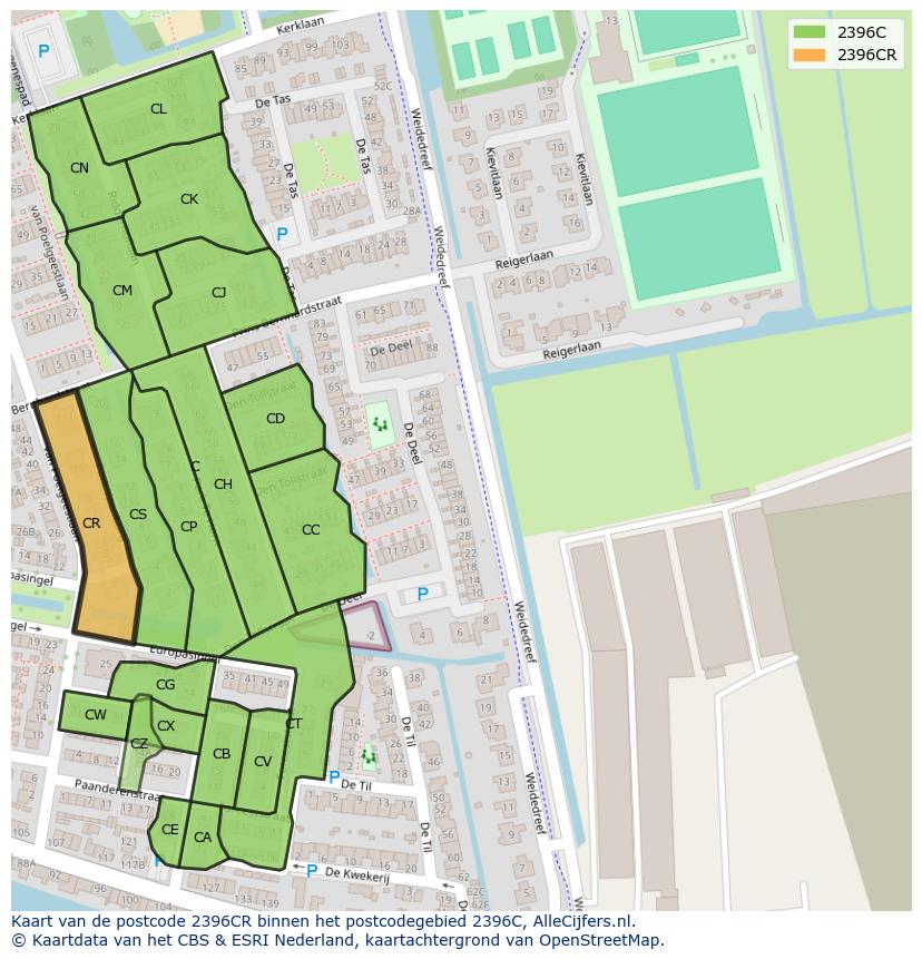 Afbeelding van het postcodegebied 2396 CR op de kaart.