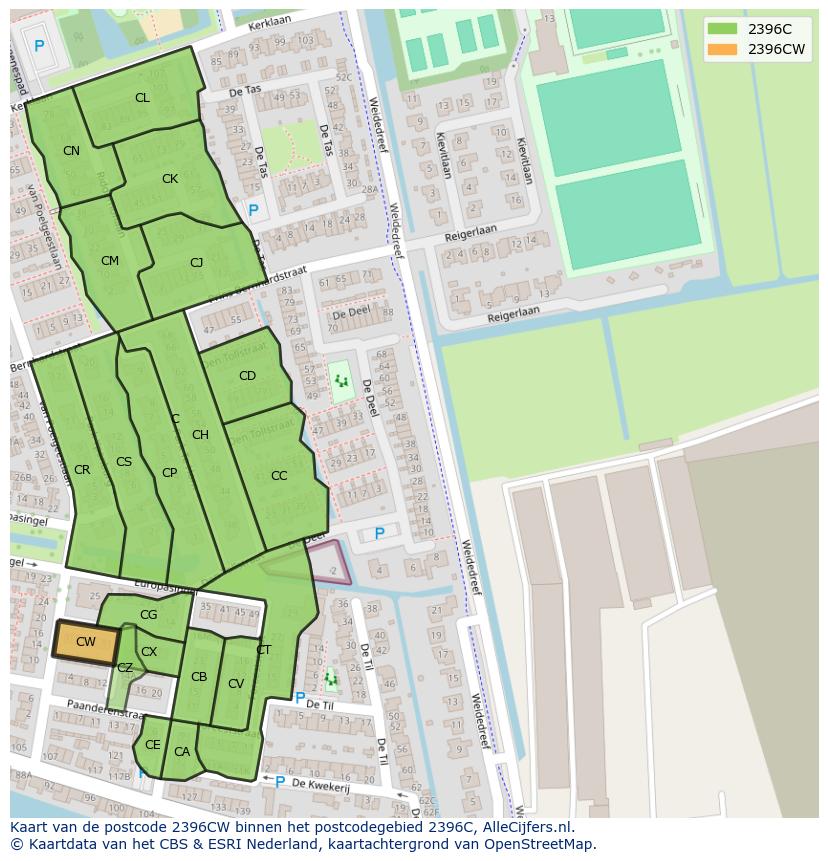 Afbeelding van het postcodegebied 2396 CW op de kaart.