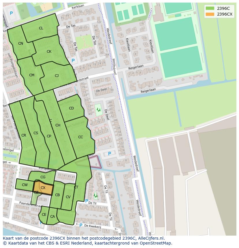 Afbeelding van het postcodegebied 2396 CX op de kaart.