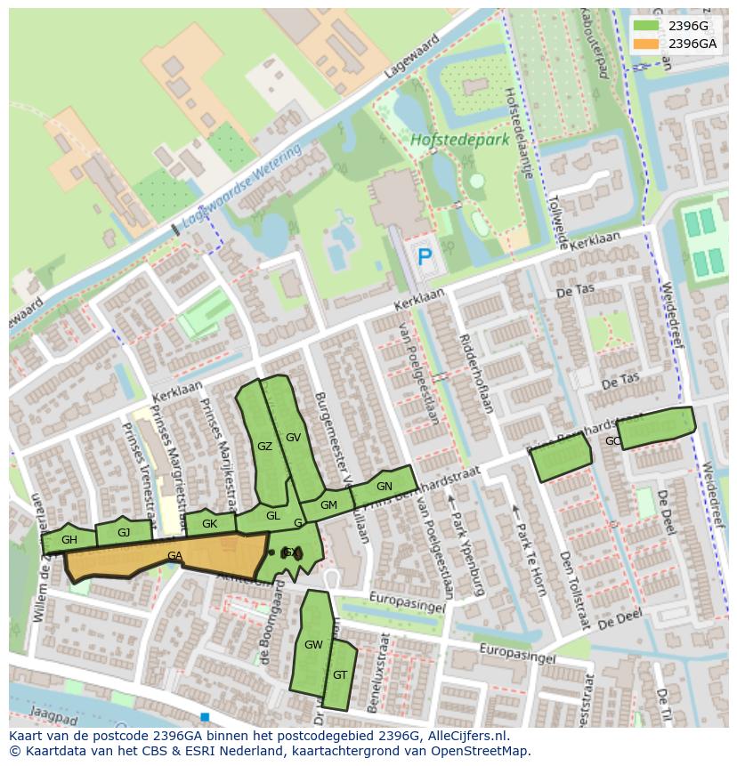 Afbeelding van het postcodegebied 2396 GA op de kaart.