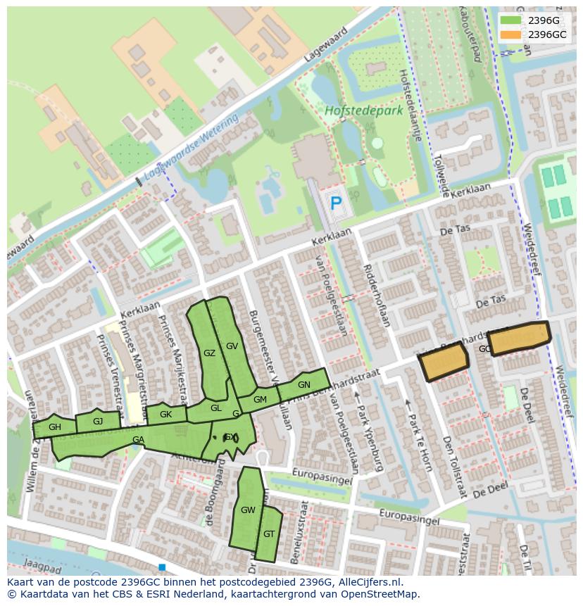 Afbeelding van het postcodegebied 2396 GC op de kaart.