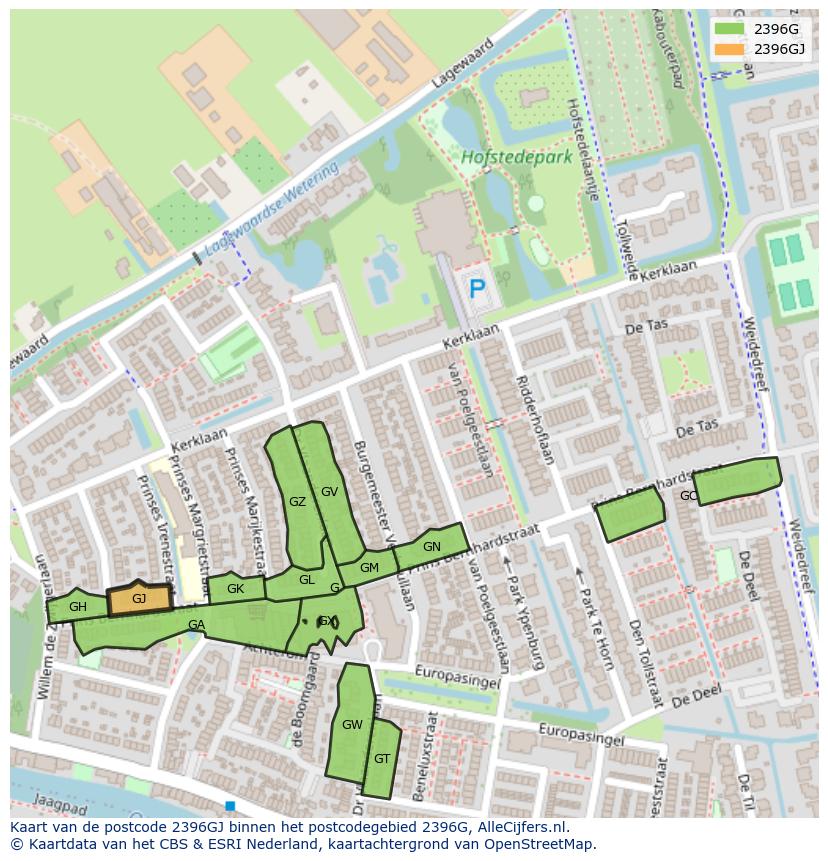 Afbeelding van het postcodegebied 2396 GJ op de kaart.