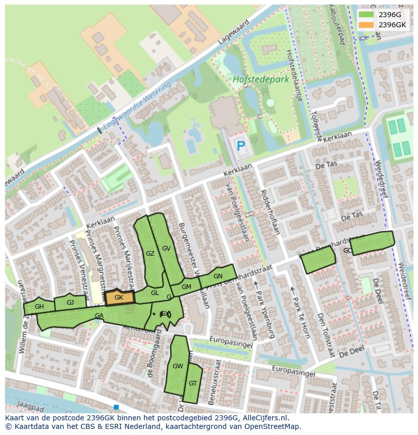 Afbeelding van het postcodegebied 2396 GK op de kaart.