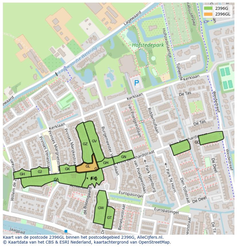 Afbeelding van het postcodegebied 2396 GL op de kaart.