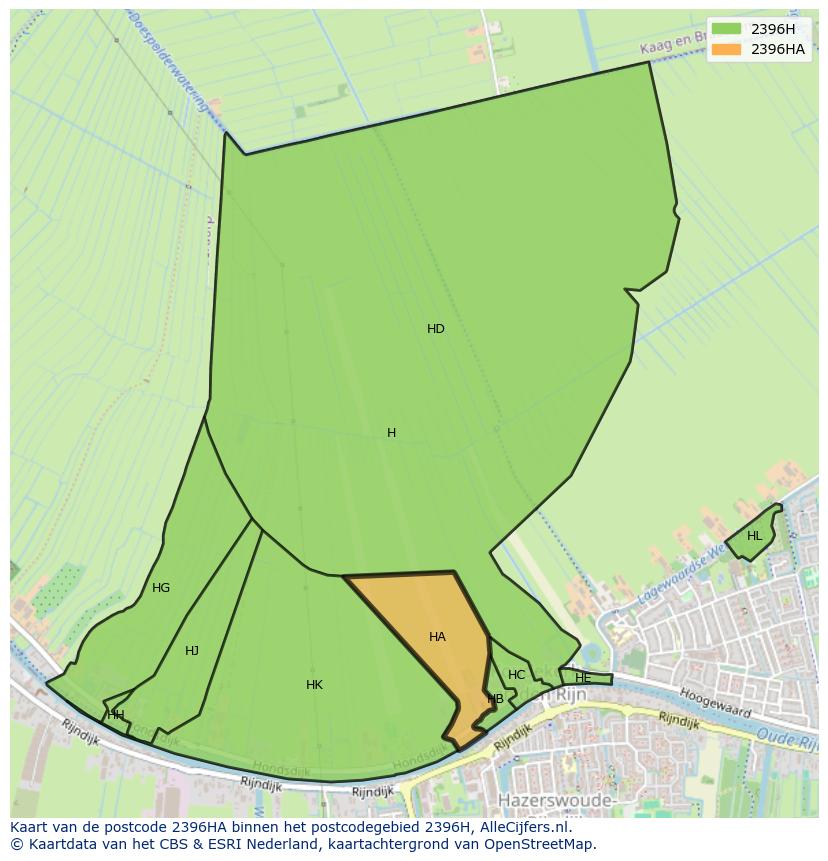 Afbeelding van het postcodegebied 2396 HA op de kaart.