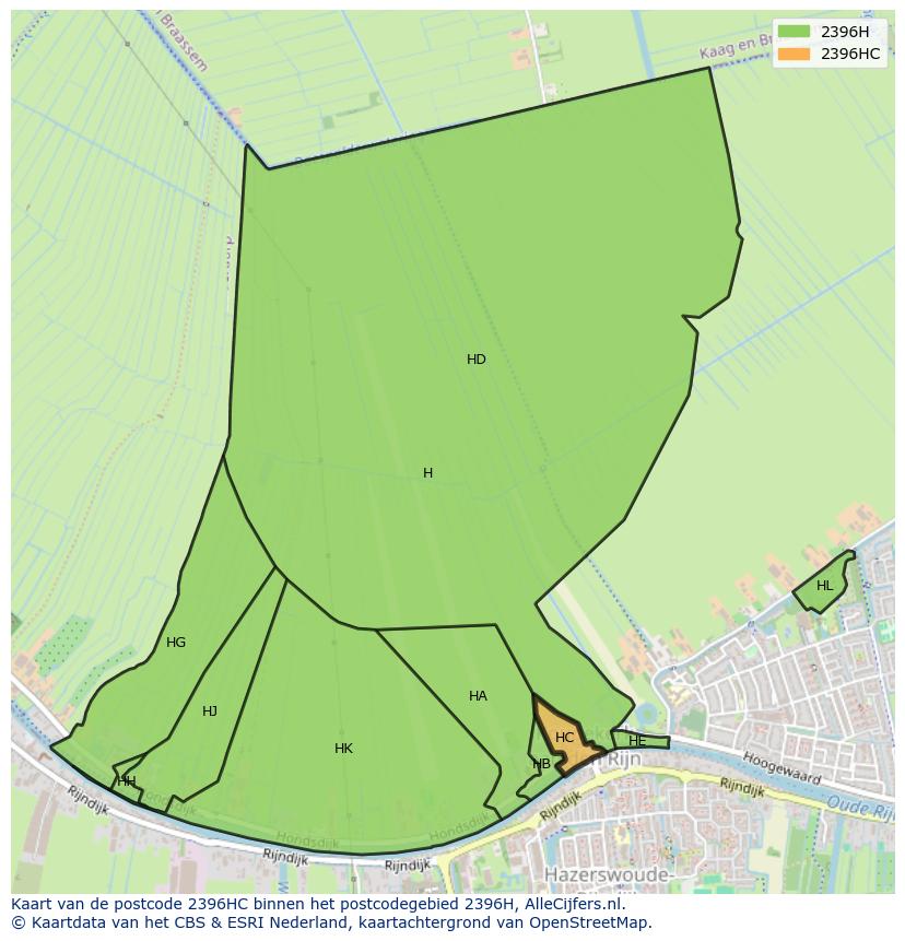 Afbeelding van het postcodegebied 2396 HC op de kaart.