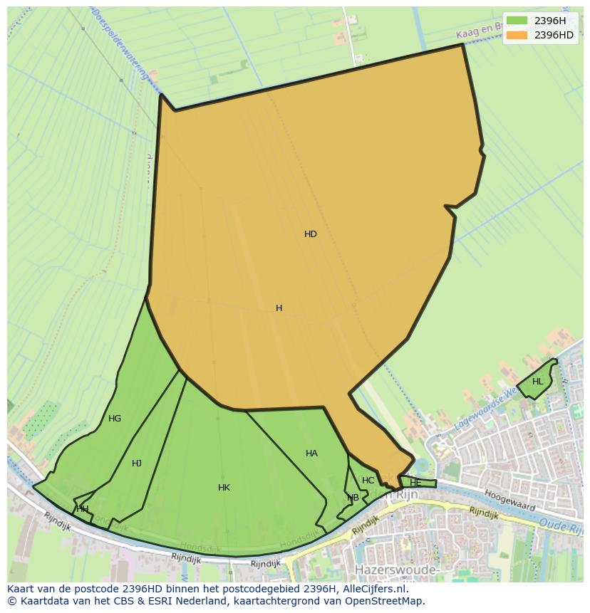Afbeelding van het postcodegebied 2396 HD op de kaart.