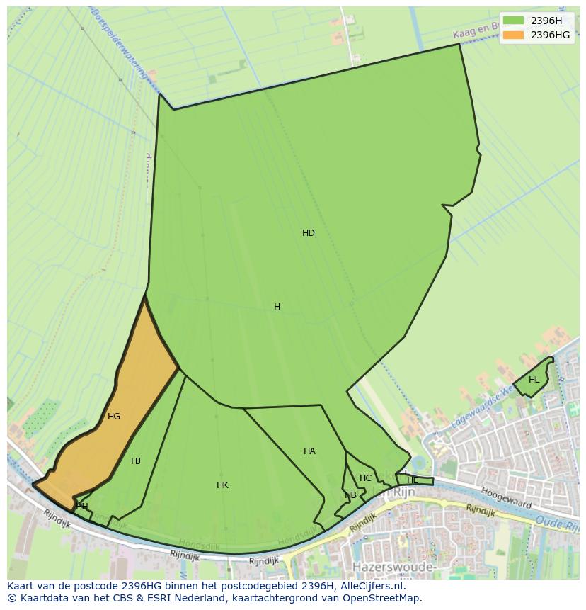 Afbeelding van het postcodegebied 2396 HG op de kaart.