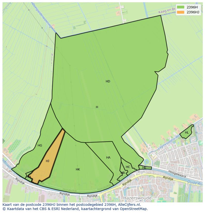 Afbeelding van het postcodegebied 2396 HJ op de kaart.