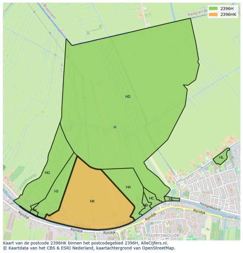 Afbeelding van het postcodegebied 2396 HK op de kaart.
