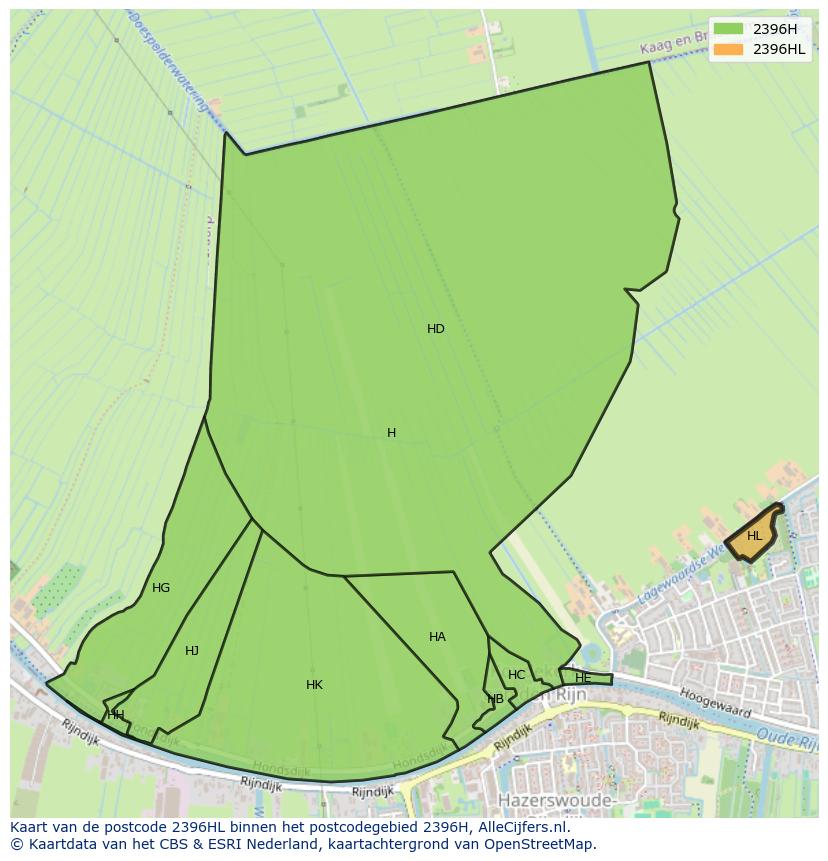 Afbeelding van het postcodegebied 2396 HL op de kaart.