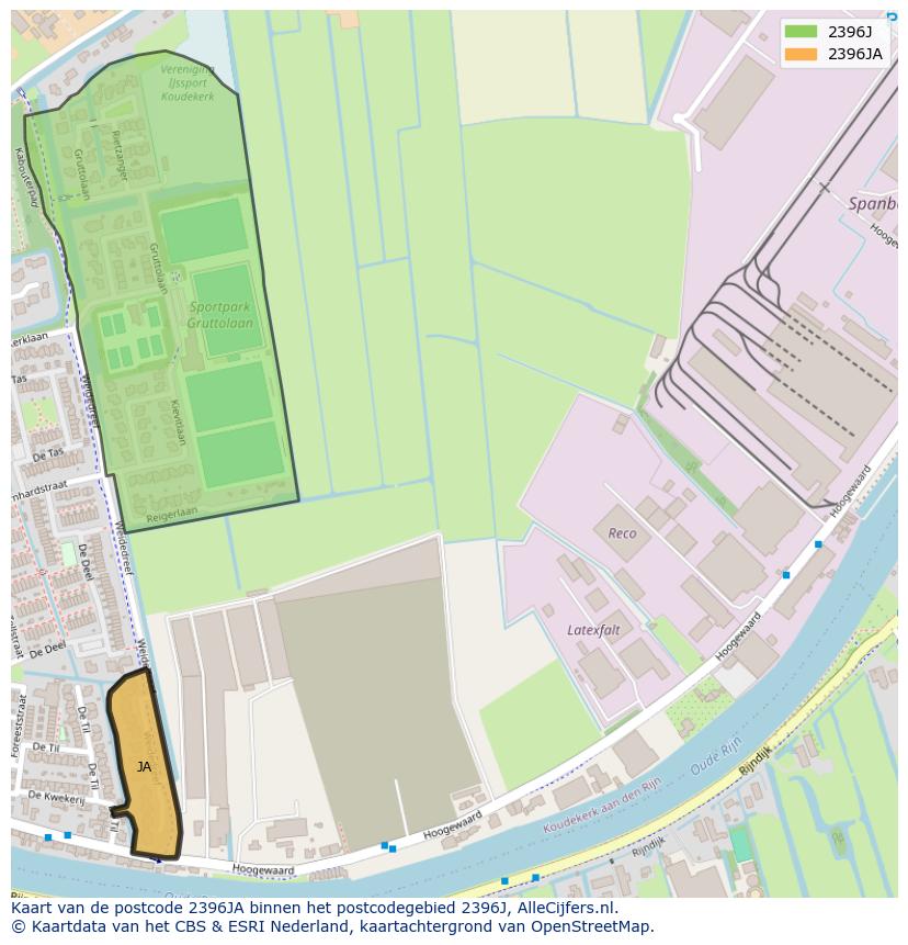 Afbeelding van het postcodegebied 2396 JA op de kaart.