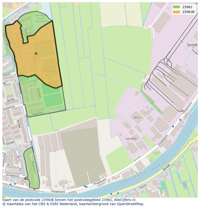 Afbeelding van het postcodegebied 2396 JB op de kaart.