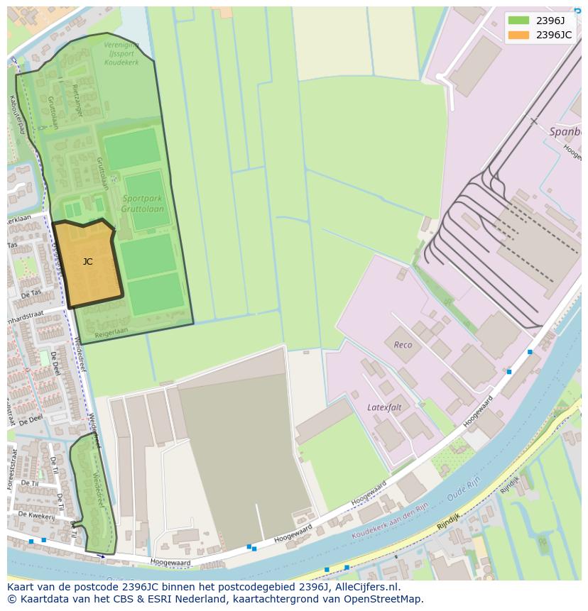 Afbeelding van het postcodegebied 2396 JC op de kaart.