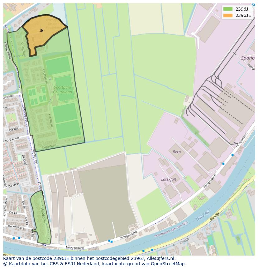 Afbeelding van het postcodegebied 2396 JE op de kaart.
