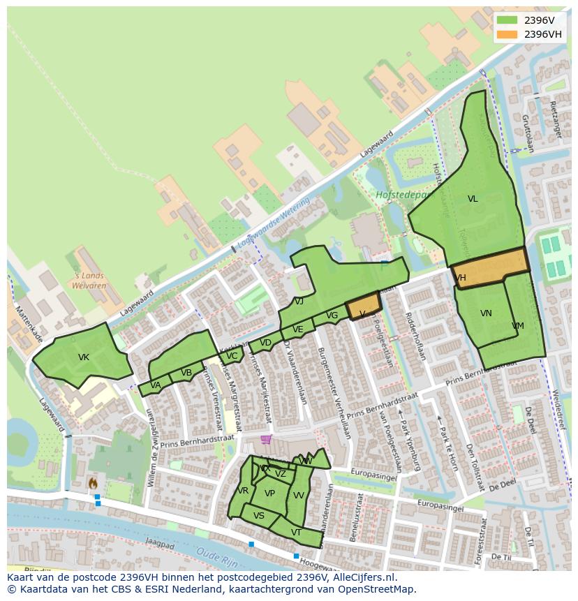 Afbeelding van het postcodegebied 2396 VH op de kaart.