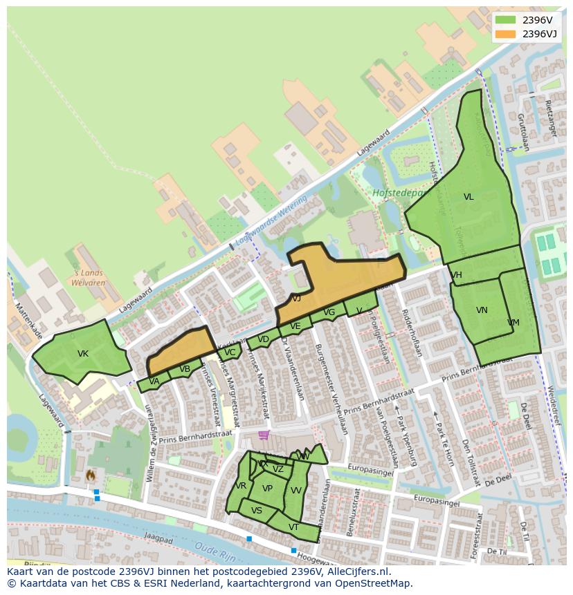 Afbeelding van het postcodegebied 2396 VJ op de kaart.