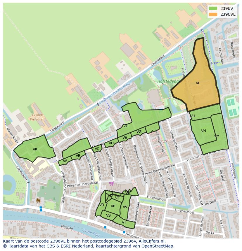 Afbeelding van het postcodegebied 2396 VL op de kaart.