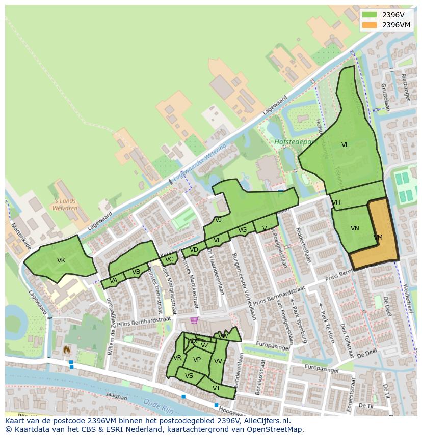 Afbeelding van het postcodegebied 2396 VM op de kaart.